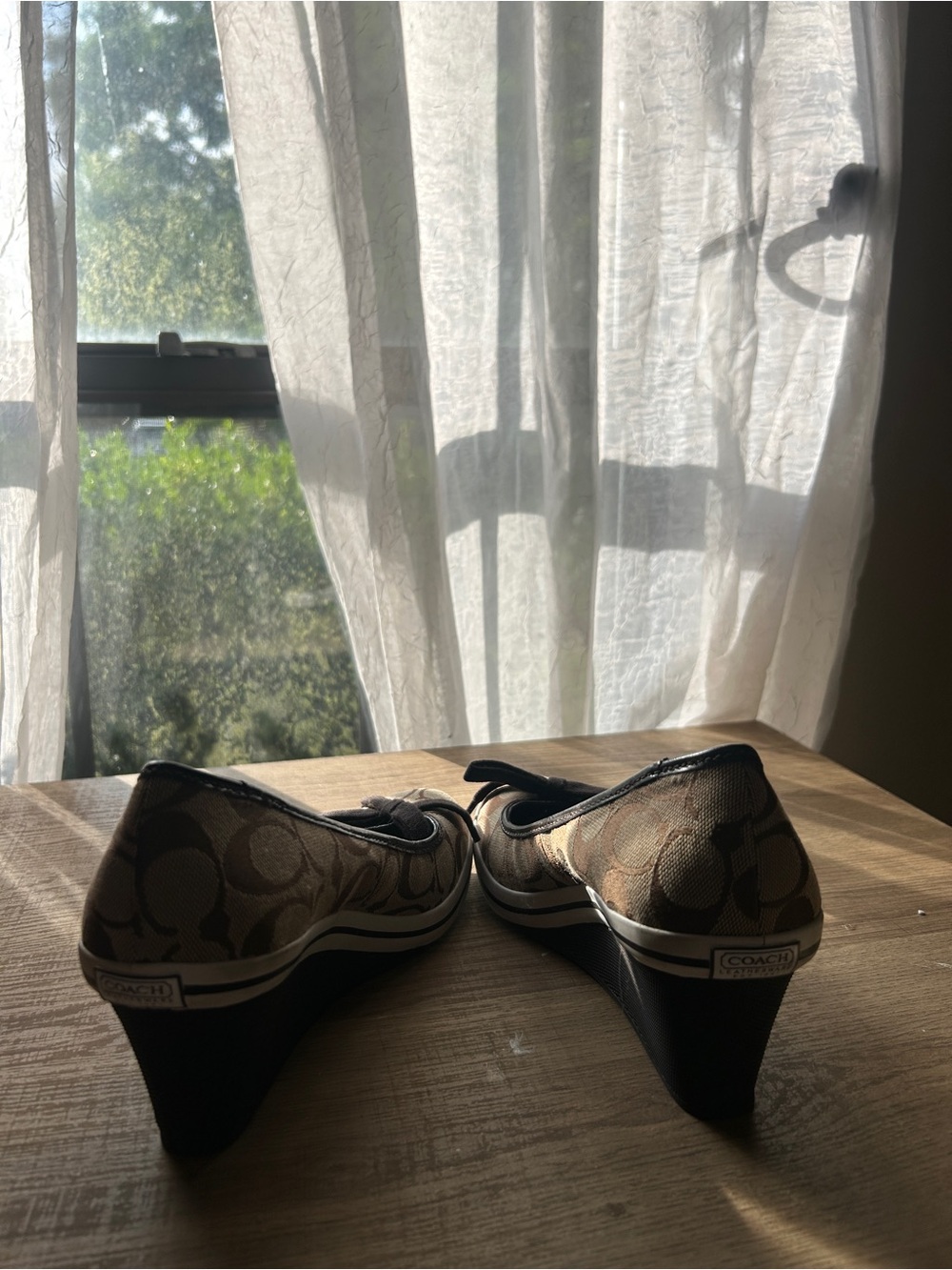 Coach Brown Signature Canvas Wedge Pumps with Bow Accent - Picture 3 of 8